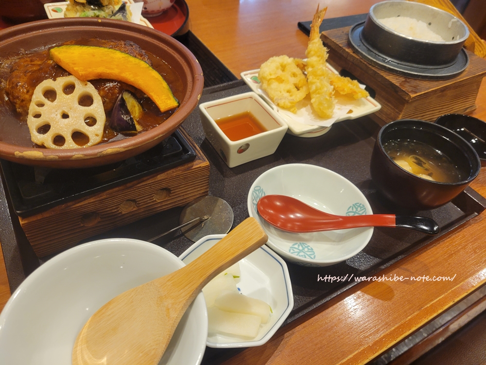 【かごの屋】煮込みハンバーグと天ぷらセット